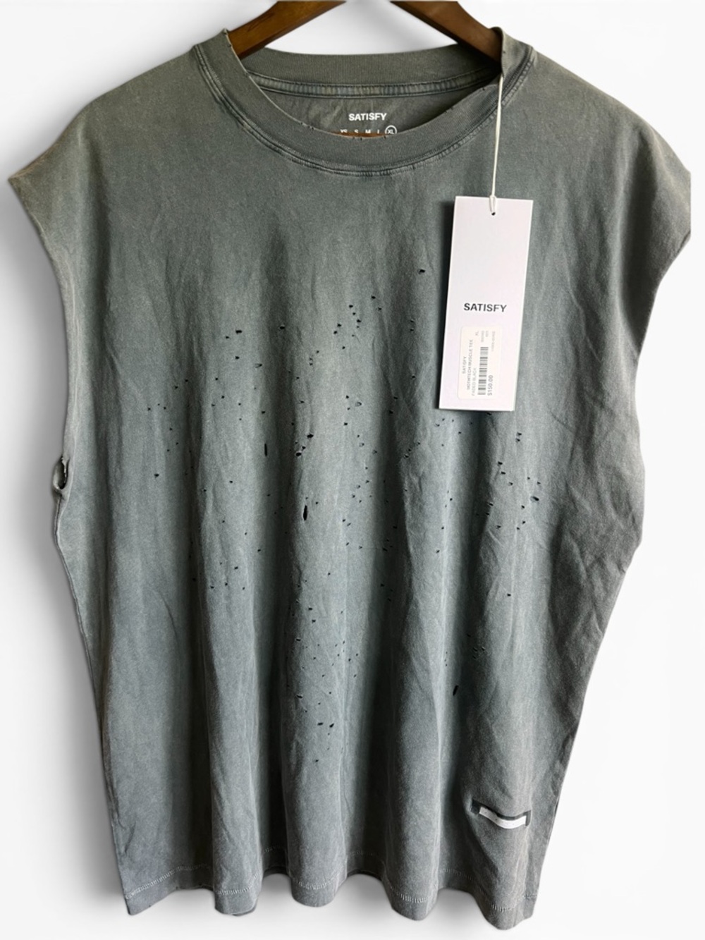 Satisfy Muscle Tee XL NWT Distressed Sleeveless Running Shirt Gray Luxury